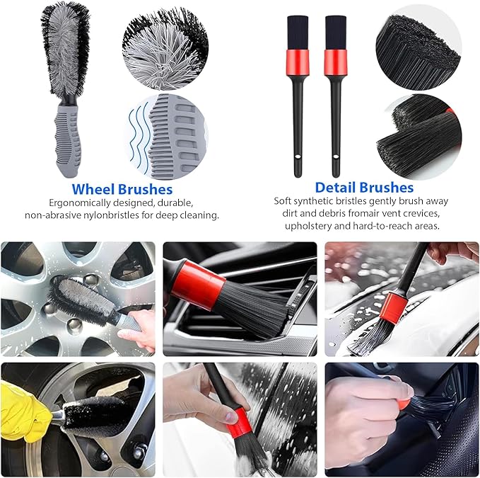 Car Washing Kit - Professional Car Wash Kit, Car Cleaning Kit with Bag & Car Detailing Set, Includes Car Wash Mitts, A Game-Changing Microfibre Drying Towel & Trio Of Brushes For A Deep Clean