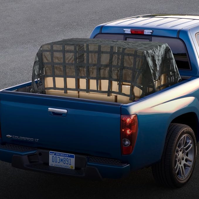 VEVOR Cargo Net with Mesh, 120 in x 105 in, Heavy Duty Truck Cargo Net-(WLL) 1,500lbs, 4 Adjustable Straps with Carabiners & S-Hooks, Truck Bed Cover for Trailer, Pickup, Boat, Jeep, SUV 8.75’x10’