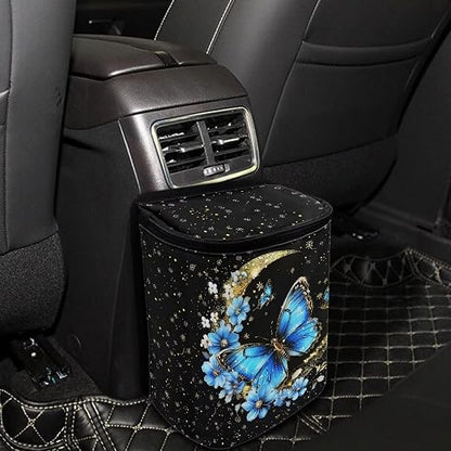 BIGCARJOB Butterfly Blue Car Trash Bags Hanging Automotive Car Garbage Bin with Adjustable Straps Reusable Auto Trash Bin Garbage Bags,Butterfly Car Accessories