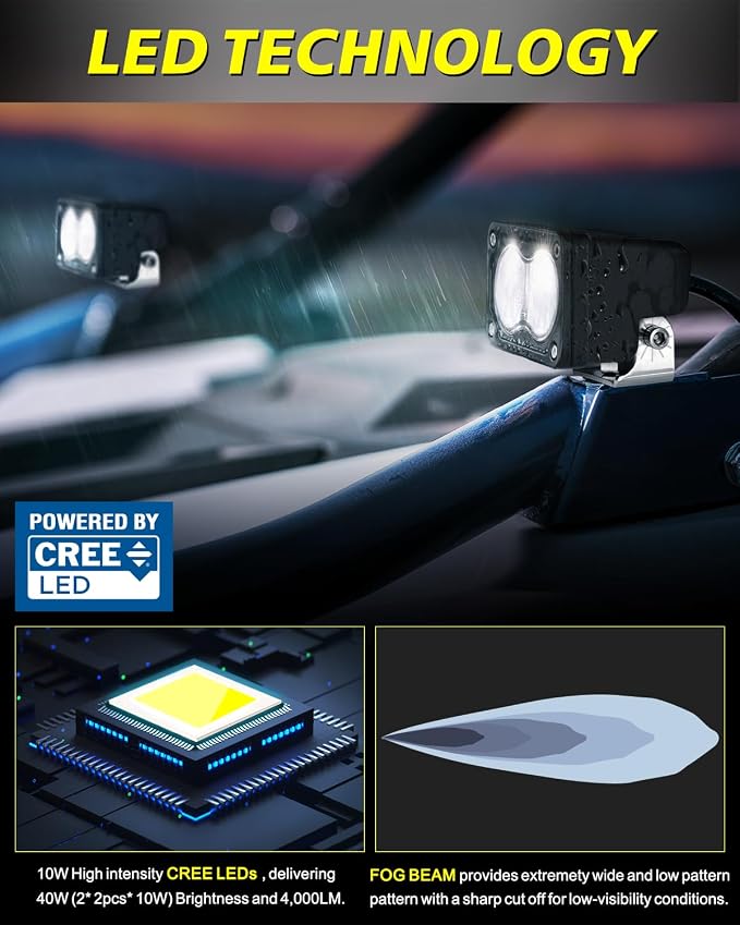 LED Pods with Wiring Harness & Black Covers 3 Inch 40W Spot CREE LED Pod Lights Small Off Road Driving Lights Fog Light 2 Packs for Trucks Motorcycle UTV ATV SUV Dirt Bike