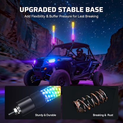 Ehaho 2PCS 1FT Fat Whip Lights for UTV ATV, Led Fatty Whip Light W/Rocker Switch & 6 Flags, Brighter Spiral Chasing Lighted Antenna Whip with APP & Remote Control for RZR SXS