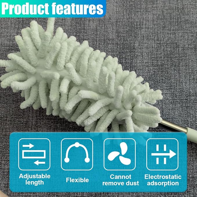 2PCS Car Interior Duster with Extension Pole – Washable Microfiber Dusters Detailing Brushes with Bendable Head, Long Handle Cleaning Duster Tool for Car Dash, Vents, Window, Furniture, Office (Green)