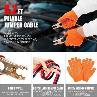 Car Emergency Roadside Assistance Kit with Jumper Cables Tire Inflator Automotive Kit for Car Vehicle（Orange）