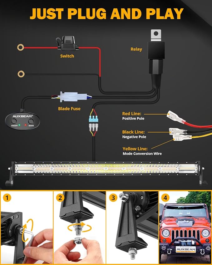 Auxbeam 42Inch 240W LED Straight Light Bar, 6 Modes Off Road Amber White Strobe Light, Dual Color Spot Flood Combo Beam Flashing Fog Driving Work Light with 10FT Wiring Harness Kit