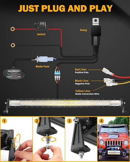 Auxbeam 42Inch 240W LED Straight Light Bar, 6 Modes Off Road Amber White Strobe Light, Dual Color Spot Flood Combo Beam Flashing Fog Driving Work Light with 10FT Wiring Harness Kit