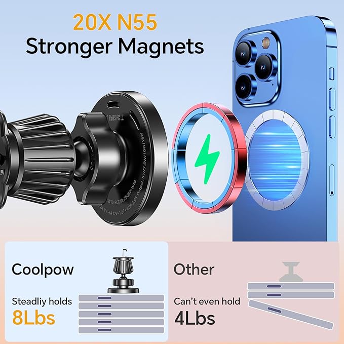 Coolpow for MagSafe Car Mount Charger【Ultra Magnet】Magnetic Phone Holders for Your Car Charger Magnetic Wireless Car Phone Holder Charger Car Accessories for Women Cell Phone Mount for iPhone 17 16 15