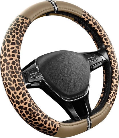 Road Comforts Leopard Steering Wheel Cover for Women, Cute Anti-Slip Microfiber Leather, Fits D Shape Flat Bottom Steering Wheel 14.5-15 Inch - Beige