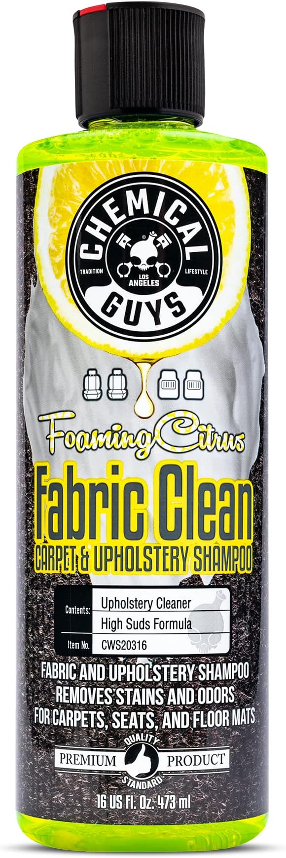 Chemical Guys Foaming Citrus Fabric Clean, Carpet and Upholstery Cleaner - Car Carpet Cleaner for Seats, and Floor Mats, Safe for Home, Office & More, Citrus Scent - 16 oz