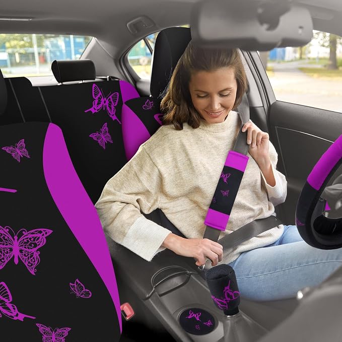 BBTO 43 Pcs Butterfly Car Seat Full Set Butterfly Car Accessories for Women 5 Front Rear Seat Covers Wrist Strap 2 Pcs Cup Mat Armrest Pad 2 Belt Xmas Cover Accessories for SUV(Purple, Black)