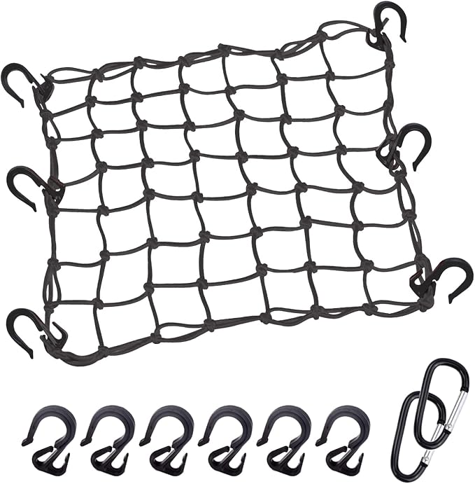Cargo Net 15"x15" Stretches to 30"x30" with Thicken Hooks | Natural Latex Core, Tight 2”x2” Mesh Small Heavy Duty Bungee Net for Motorcycle Helmet, Bike, ATV, UTV, Luggage (Black, 1 Pack)