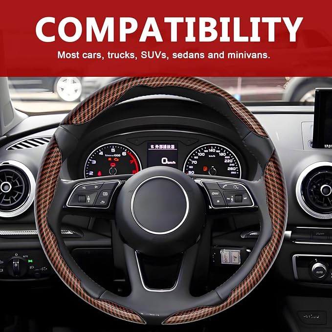 3pcs Universal Carbon Fiber Steering Wheel Cover - Anti-Slip & Segmented Design, Universal 99% Durable Steering Wheel Protector for Men and Women, Car Interior Accessory (Brown)