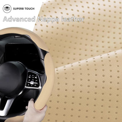 Car Steering Wheel Cover Leather Snap On 3Pcs Set Non-Slip Protector Wrap Steering Wheel Accessories 14.5-15 inch Universal Beige