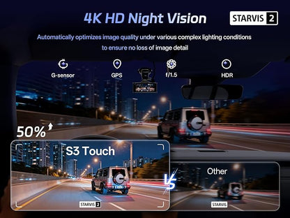 Pelsee S3 Touch 4K Dash Cam Front and Rear, STARVIS 2 Sensor, STARLIT™ Full Color Night Vision, 128GB Card, WiFi 6, ADAS, Dash Camera for Cars with 3.39"IPS Screen, Voice Control, 24H Parking Mode GPS