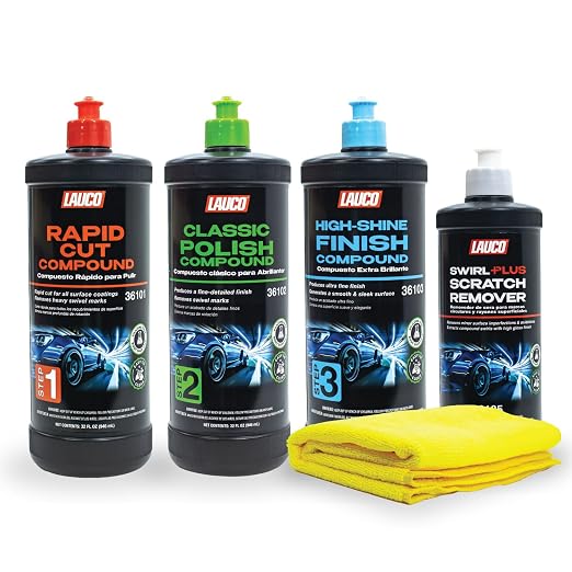 LAUCO 3-Step Kit – Steps 1 2 3 – 32oz, + Swirl Remover – 8oz, with a Towel, Professional Silicone-Free Cutting, Polishing & Finishing Compounds for Scratch Removal, Clear Coat Safe High-Gloss Finish