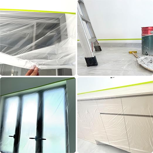 Pre-Taped Masking Film 2 Rolls 59" x 66' Automotive Painters Tape and Plastic Painting Film for Covering Cars Walls Windows and Floor Furniture Protection