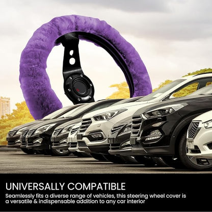Andalus Brands Luxury Fluffy Car Steering Wheel Covers – Genuine Merino Sheepskin, Soft Fuzzy Car Steering Wheel Cover for Women, Universal 14.5-15" Size, Plush Fur Cute Auto Accessories, Purple