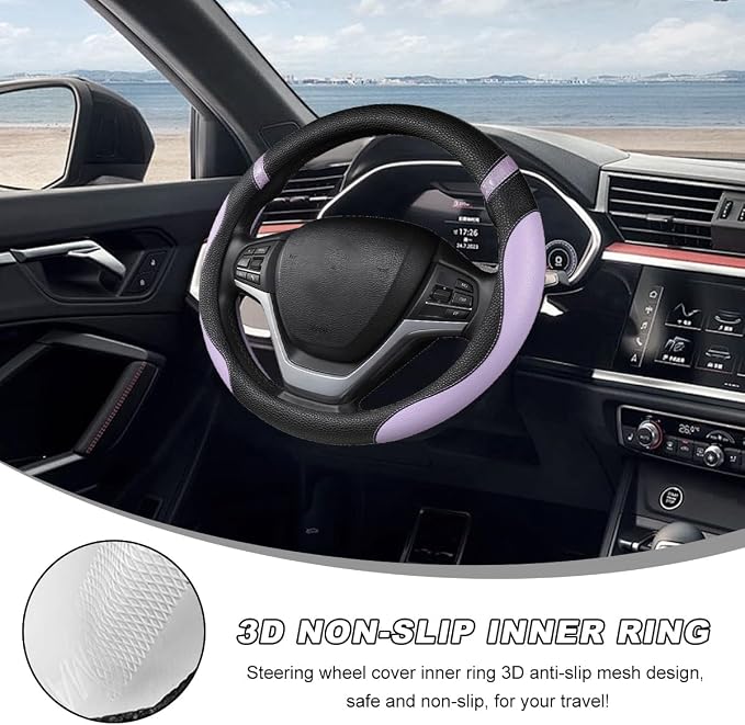 Car Steering Wheel Cover, 15 Inch Premium Leather Breathable Non-Slip Wheels Wrap, Universal Auto Comfortable Steering Wheel Protector for SUV Truck Van, Car Accessories (Purple)
