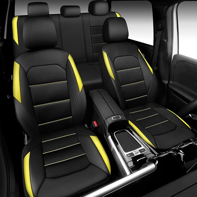 CAR PASS Memory 3D Foam Car Seat Covers Full Set, Breathable Mesh Thick Seat Covers for Car, Yellow Leather Seat Covers, Universal Automotive Comfort for SUVs Trucks,Airbag Compatible, Black Yellow