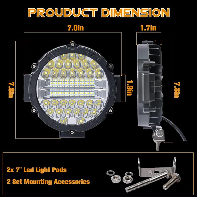 4 Pcs 201W Led Light, 7 Inch Round Led Light Bar Off Road Auxiliary Driving Lights Pod Lights for Vehicle Accessories Pickup Trucks Snowmobile RV ATV UTV, Black