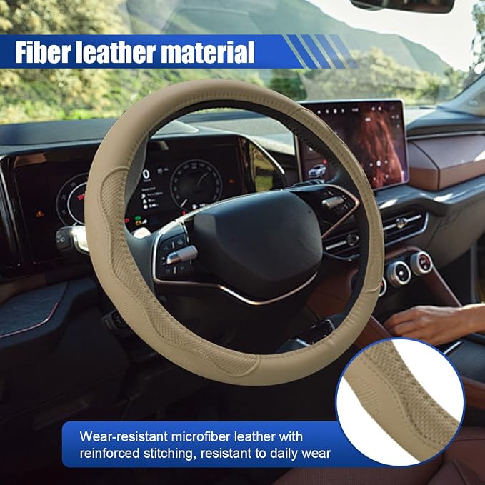 Car Steering Wheel Cover, 15 Inch Leather Anti-Slip Breathable Automotive Steering Wheel Protector, Universal Heat Resistant Vehicle Interior Accessories Cars, SUVs, Trucks(Beige)