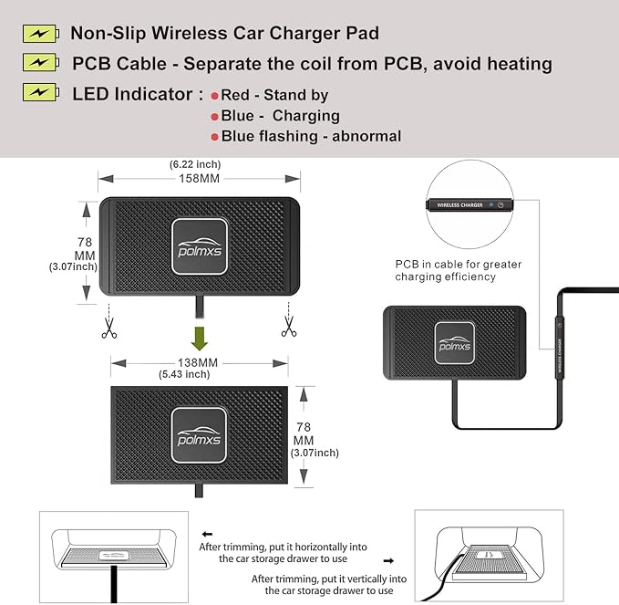 Wireless Charger Car Charging pad,POLMXS 15W Fast Wireless Phone Charger Non Slip Cell Phone Flat Charging mat Compatible with iPhone 11/12/12/14/15 Galaxy S21/S22/S23/24 NOTE10 (30cm Cable)(C2Y)