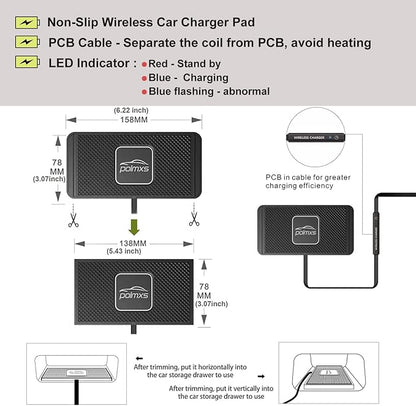 Wireless Charger Car Charging pad,POLMXS 15W Fast Wireless Phone Charger Non Slip Cell Phone Flat Charging mat Compatible with iPhone 11/12/12/14/15 Galaxy S21/S22/S23/24 NOTE10 (30cm Cable)(C2Y)