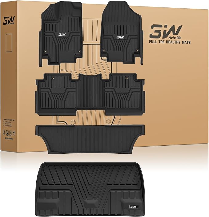 3W Floor Mats & Cargo Liner Fit for Honda Odyssey 2018-2025 2026 Mini Passenger Van, All Weather TPE Floor Liners 1st 2nd & 3rd Rows Car Mats and Trunk Liner Odyssey Car Accessories, Black