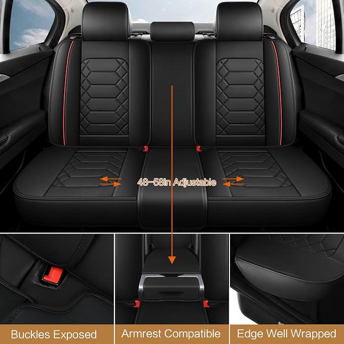 HAIYAOTIMES Leather Car Seat Covers Full Set, Waterproof Faux Leather Seat Covers for Cars, Non-Slip Car Interior Covers Universal Fit for Most Cars Sedans Trucks SUVs, Black/Red