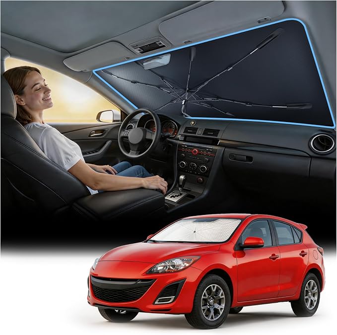 Nmoiss [Vinyl Coating Heat Shield] Windshield Sun Shade Umbrella Custom for Mazda 3, Protect Car from Sun Rays & Heat Damage Keep Cool and Protect Interior