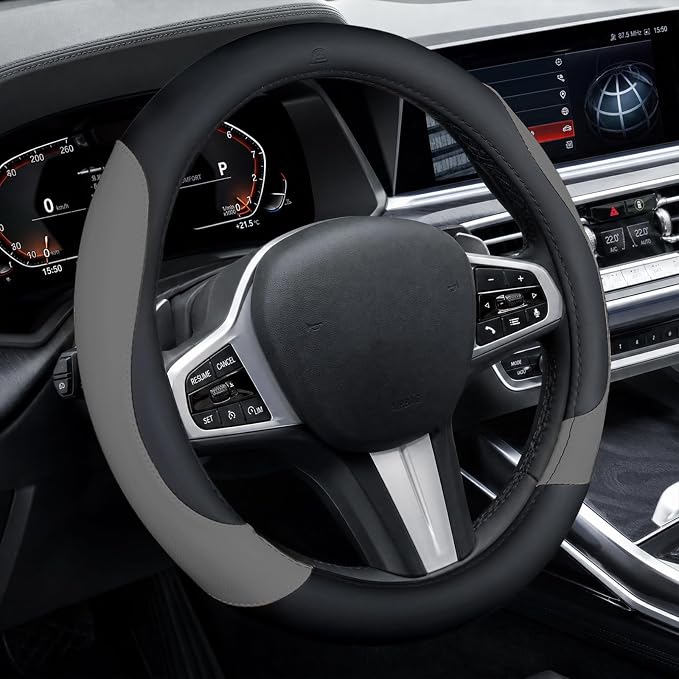 Coverado Nappa Leather Steering Wheel Cover Universal 14-15 Inch Anti-Slip Breathable Steering Wheel Protector Luxury Auto Decor for Men Women Black Gray