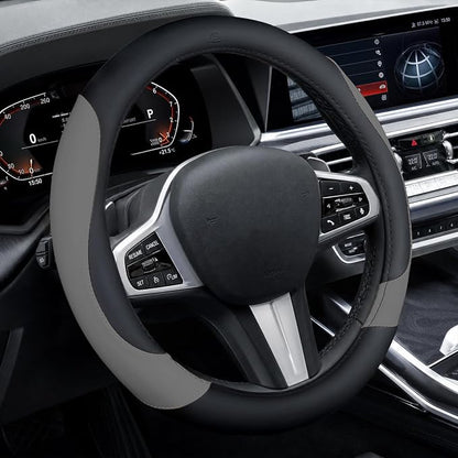 Coverado Nappa Leather Steering Wheel Cover Universal 14-15 Inch Anti-Slip Breathable Steering Wheel Protector Luxury Auto Decor for Men Women Black Gray