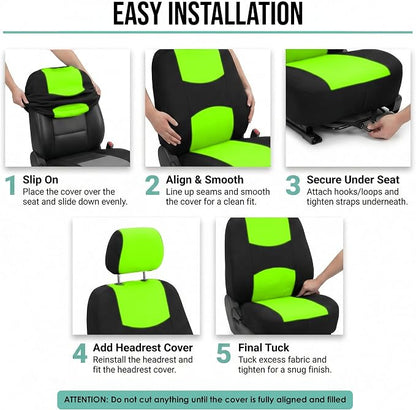 FH Group Bright Flat Cloth Full Set Automotive Seat Covers Front Set and Rear Solid Bench Green Black Seat Covers w. Gift Universal Fit Interior Accessories for Cars Trucks and SUVs