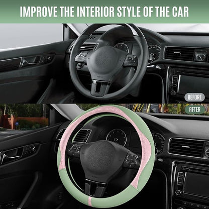 PIC AUTO Steering Wheel Cover, Pink Patterned & Green Leather Patchwork Design, Universal Fit 14.5"–15.5", Anti-Slip, Odor-Free, Soft PU Grain Leather, Durable Grip Car Accessory for Girls & Women
