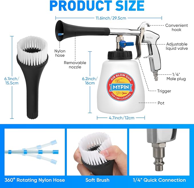 Aluminium Car Cleaning Gun Set with Tapered Nozzle, 6-9.2Bar High Pressure Air Blow Gun with 2 Set Nozzle, Pressure Air Blower Blow Gun Producing Powerful Blast of Air for Cleaning Cars, Velvet, etc