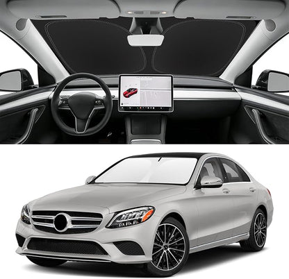 Custom Fit Windshield Sun Shade for Mercedes-Benz C-Class 2008-2024 W205 C250 C300 C400, Foldable Car Sunshade Accessories with Storage Bag, UV & Heat Reflector, Keep Your Car Cooler