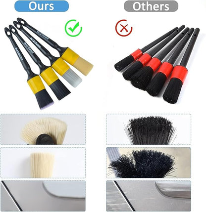 MVEQRRN 4pcs Car Detailing Brush Set,Boars Hair Car Detailing Brushes,Ultra Soft No Scratch Car Interior Detailing Brush for Leather Seat,Car Detailing for Interior Exterior.