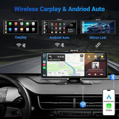 Wireless Apple Carplay Screen for Car with 4K Dash Cam, 10.26" Portable Apple Carplay & Android Auto, HD Touchscren with 1080p Backup Camera, Mirror Link/Voice Control/Music Play/GPS Navigation
