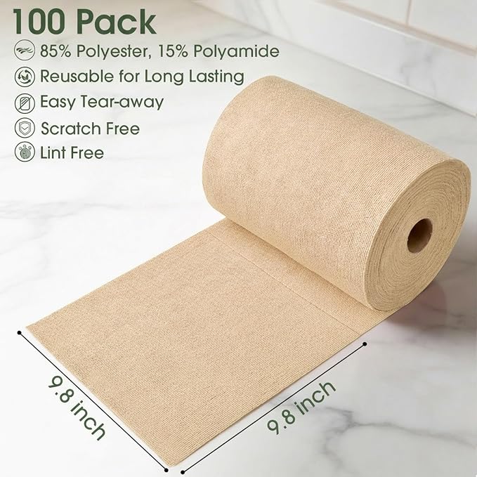 Microfiber Cleaning Cloth Roll - 100 Pack Tear Away Microfiber Paper Towels, Reusable, Washable, Scratch-Free, Kitchen Towels for Car, Home, Kitchen, Glass, Dishes (Wheat Beige)