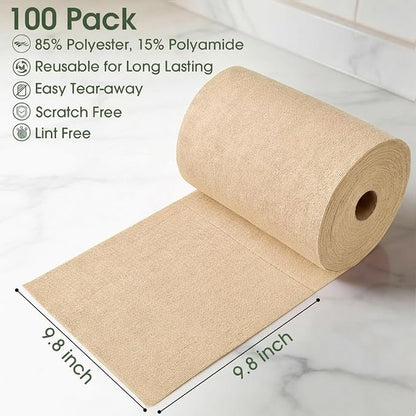 Microfiber Cleaning Cloth Roll - 100 Pack Tear Away Microfiber Paper Towels, Reusable, Washable, Scratch-Free, Kitchen Towels for Car, Home, Kitchen, Glass, Dishes (Wheat Beige)