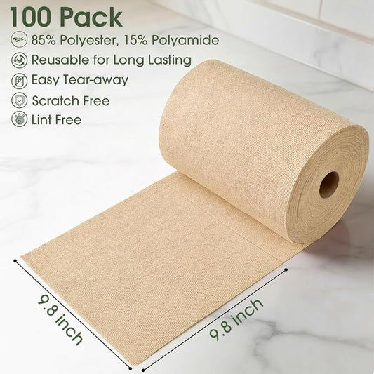 Microfiber Cleaning Cloth Roll - 100 Pack Tear Away Microfiber Paper Towels, Reusable, Washable, Scratch-Free, Kitchen Towels for Car, Home, Kitchen, Glass, Dishes (Wheat Beige)