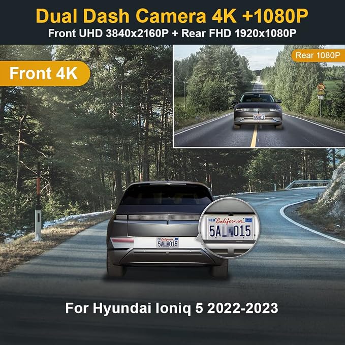 Fitcamx Dual 4K+Rear 1080P Dash Cam Adapts for Hyundai IONIQ 5 2022-2024 (6 Vents) SE Standard Range SEL Limited, OEM Look, WiFi & APP, 2 Way HD Video, Loop Recording G-Sensor, Easy to Set, 128GB Card