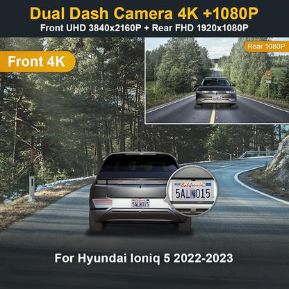 Fitcamx Dual 4K+Rear 1080P Dash Cam Adapts for Hyundai IONIQ 5 2022-2024 (6 Vents) SE Standard Range SEL Limited, OEM Look, WiFi & APP, 2 Way HD Video, Loop Recording G-Sensor, Easy to Set, 128GB Card