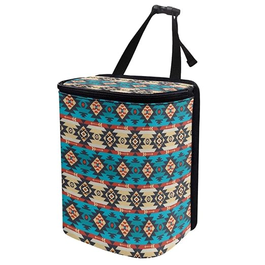 Aztec Tribal Geometric Pattern Car Trash Can with Lid and Zipper Portable Foldable Ethnic Style Trash Bin for Car Interior Accessories Multipurpose Garbage Can Bags Storage Organizer