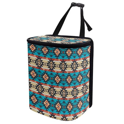 Aztec Tribal Geometric Pattern Car Trash Can with Lid and Zipper Portable Foldable Ethnic Style Trash Bin for Car Interior Accessories Multipurpose Garbage Can Bags Storage Organizer
