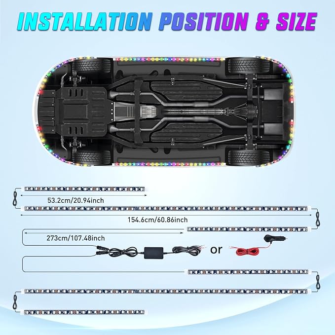 Nilight 6Pcs Car Underglow Neon Accent Strip Lights 300 LEDs Multi Color RGB-IC DIY Sound Active Function Music Mode with APP Control and Remote Control Underbody Light Strip