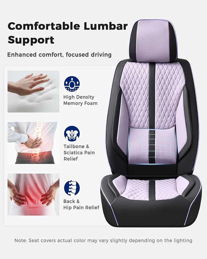Huidasource Leather Seat Covers, Nappa Leather Seat Covers for Cars with Velcro Adjustable, Airbag, Lumbar Support, Cooling ＆ Heating, Purple Seat Covers Fit for Most Cars SUV Trucks, Black＆Purple