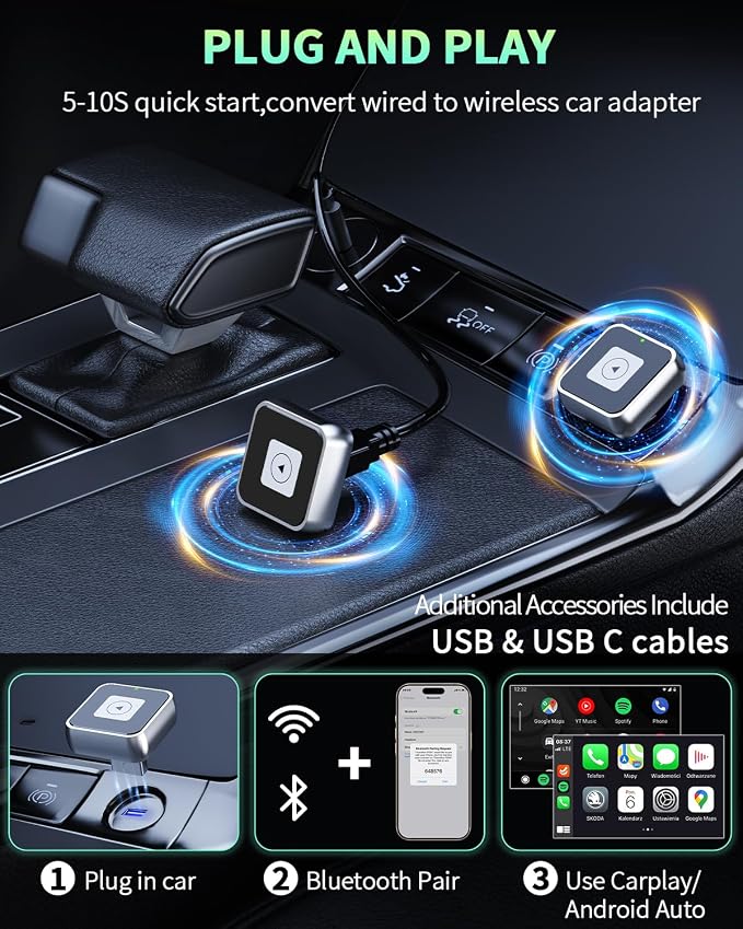 Wireless CarPlay & Android Auto Adapter 1-Inch (2.54cm) - Discreet Plug & Play, Stable Connection for Music/Navigation, Works with iPhone iOS 10+ & Android 11+,for 98% of Cars (2016-2025) (Silver)