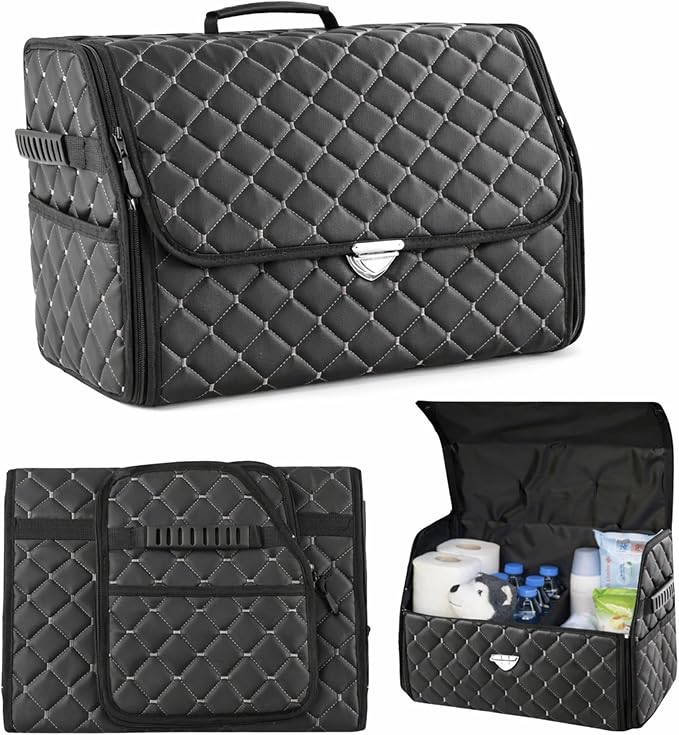 Leather Trunk Organizer with Lid for Suv and more, Foldable Car Organizer, Car Organizers and Storage with Pockets, Non-Slip Design (White-Black)