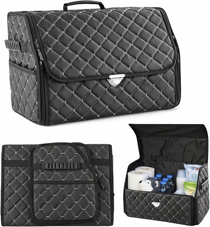 Leather Trunk Organizer with Lid for Suv and more, Foldable Car Organizer, Car Organizers and Storage with Pockets, Non-Slip Design (White-Black)