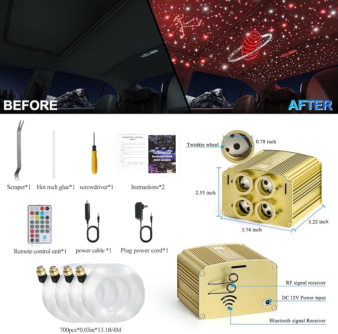 4 Colors 32W Twinkle Car Starlight Headliner Kit 700pcs*0.03in*13.1ft with APP&RF Remote, RGBW Fiber Optic Ceiling Star Lights, 4 Port Engine Sound Activated Star Roof Lights for Car Home Theater